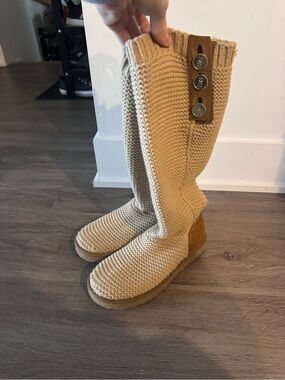UGG Knit Tall Button-Accent Boots in Beige